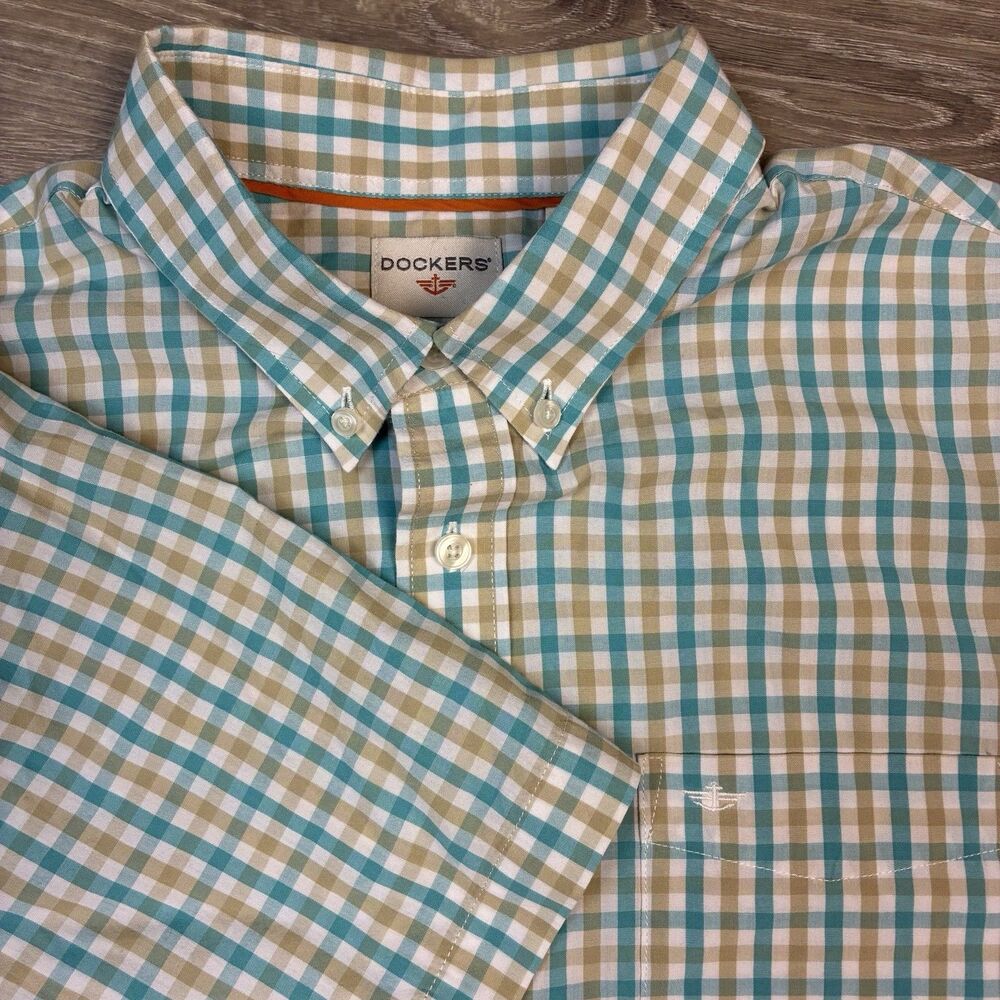 Dockers Men's Short Sleeve Plaid Button Down Shirt Teal Brown White Size Large